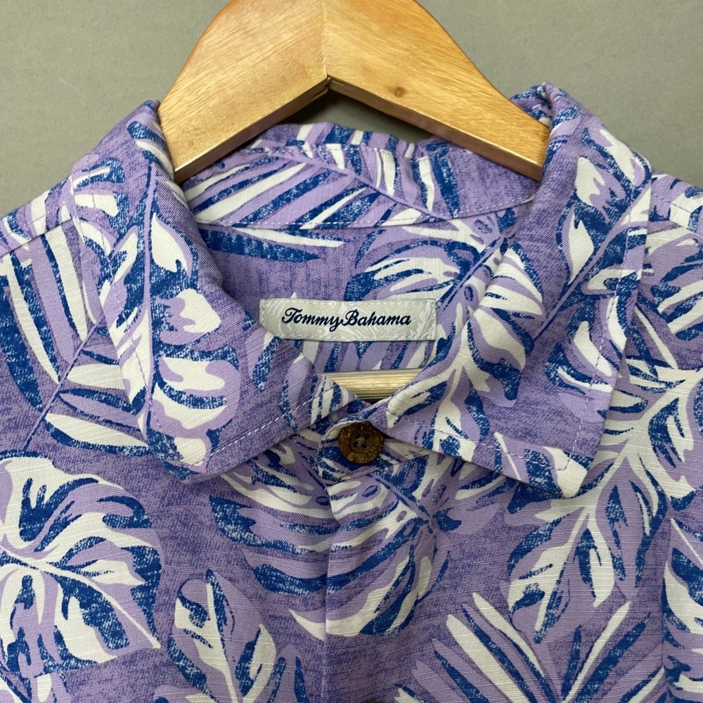 Tommy Bahama Shirt Men Large Purple Tropical Palm Leaf Print Viscose Button-Up - Picture 11 of 11